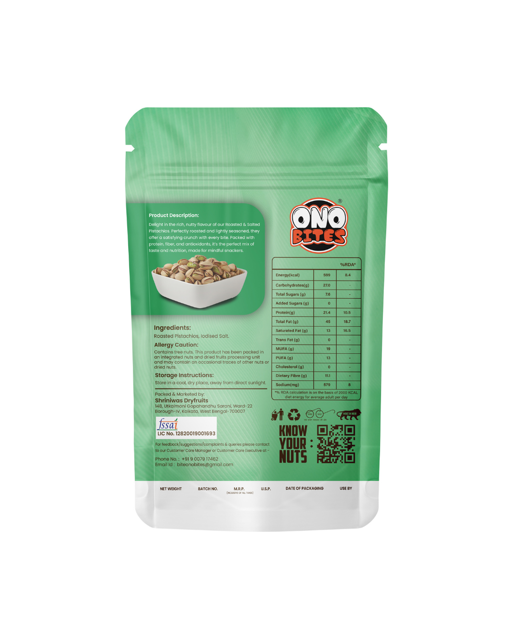 ONO BITES Roasted & Salted Pistachios, On the go pouches, 32g