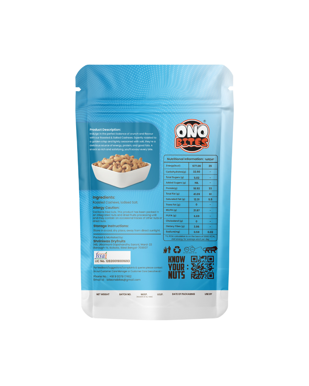 ONO BITES Roasted & Salted Cashews, On the go pouches, 32g