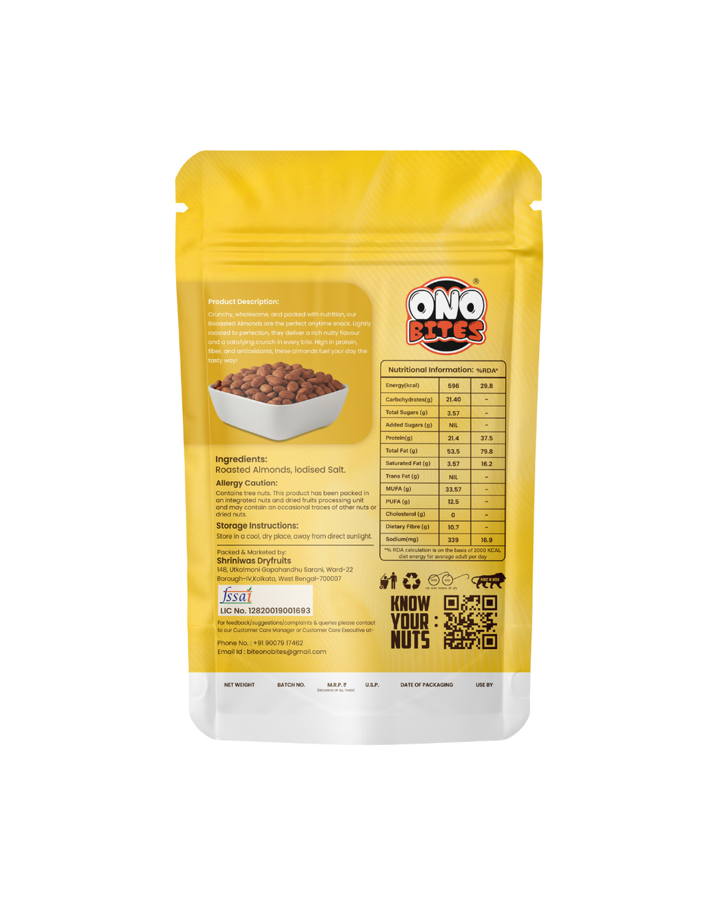 ONO BITES Roasted & Salted Almonds, On the go pouches, 32g