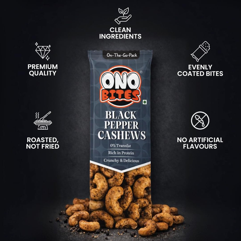 ONO BITES Black Pepper Cashews, On the go packs 25g x 5 (125g Total)