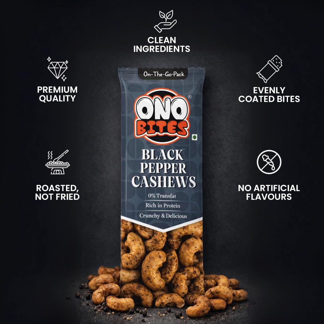 ONO BITES Black Pepper Cashews, On the go packs 25g x 5 (125g Total)