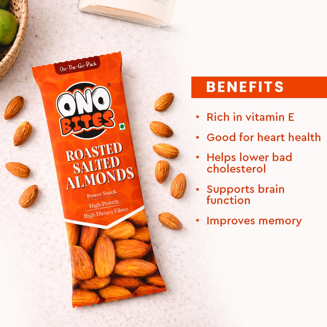 ONO BITES Roasted & Salted Almonds, On the go packs 25g x 5 (125g Total)